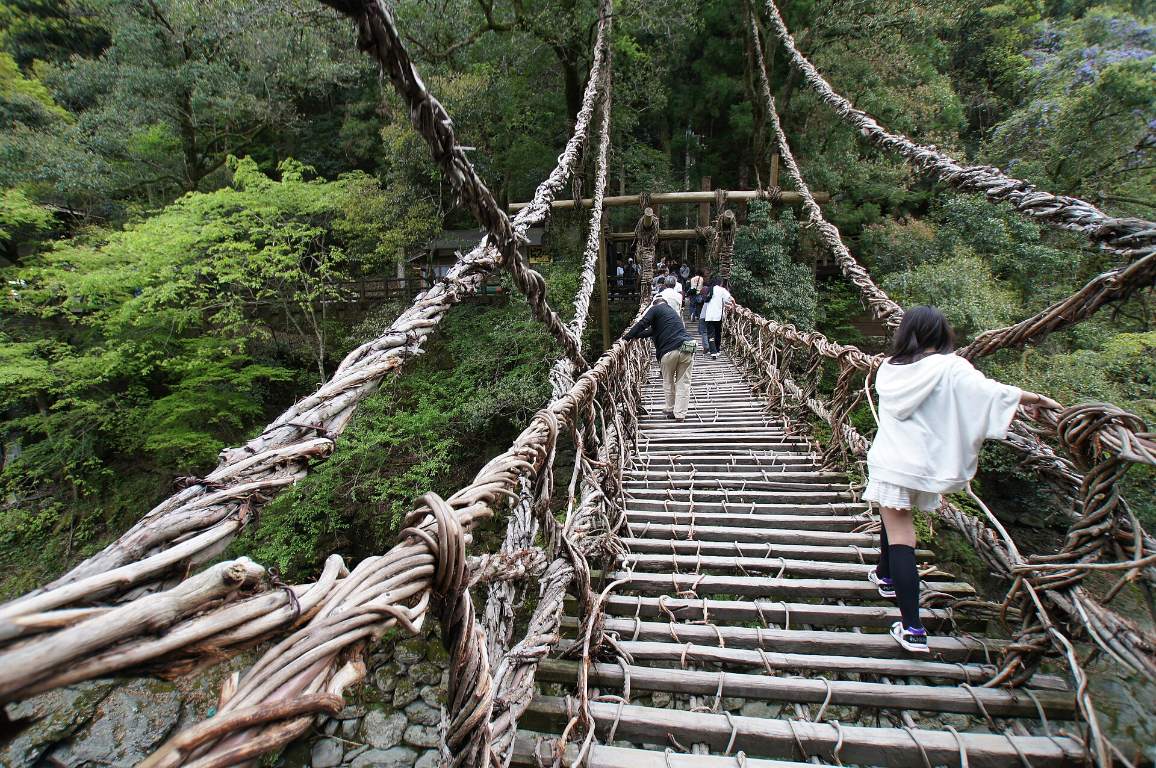 นักท่องเที่ยวกำลังเดินข้ามสะพานเถาวัลย์คาซึระบาชิโดยจับเถาวัลย์สองข้าง