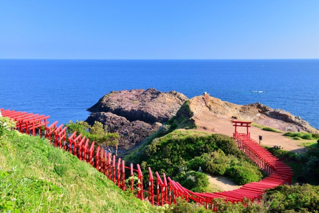 ภาพมุมสูงของแถวเสาโทริอิสีแดงที่ศาลเจ้าโมโตโนซูมิ ริมทะเลญี่ปุ่น