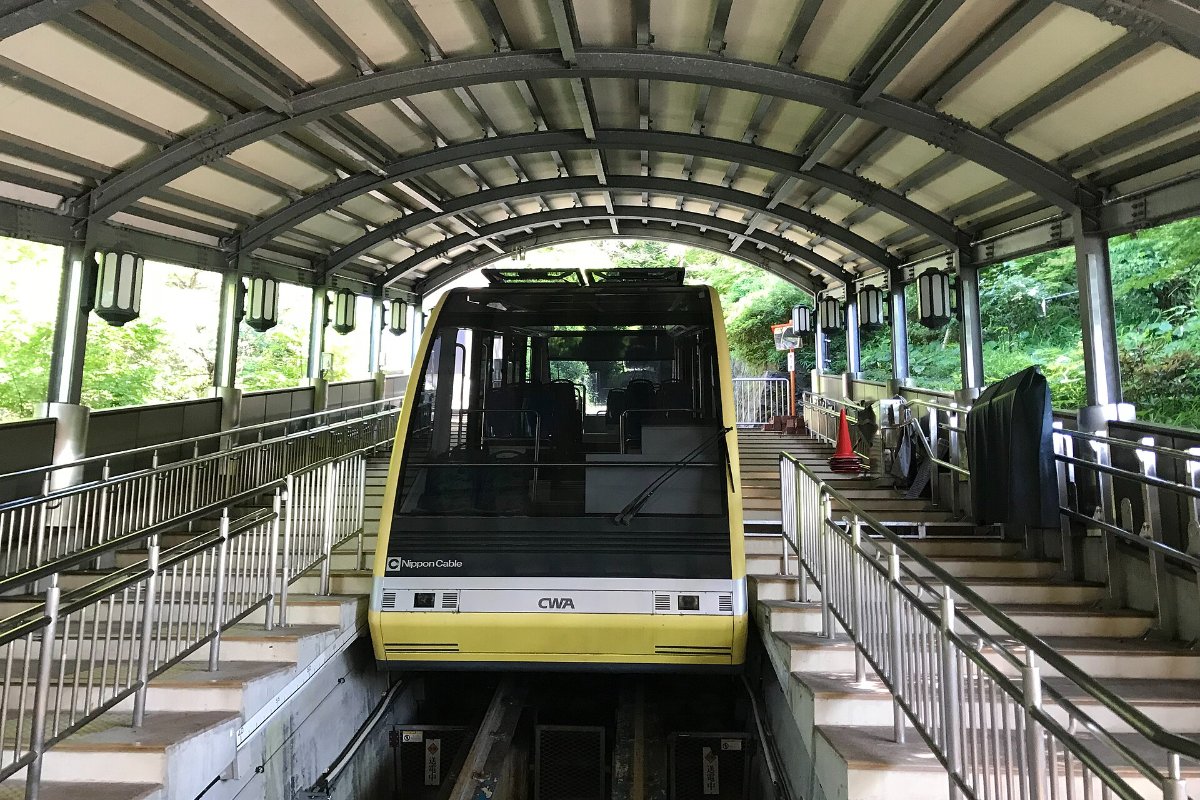 ขบวนเคเบิลคาร์ภูเขาซาระคุระที่สถานีเชิงเขา