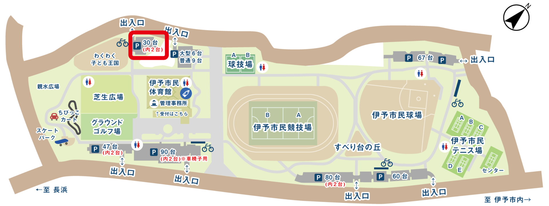 แผนผังสวนชิโอะไซและตำแหน่งลานจอดรถแต่ละส่วน