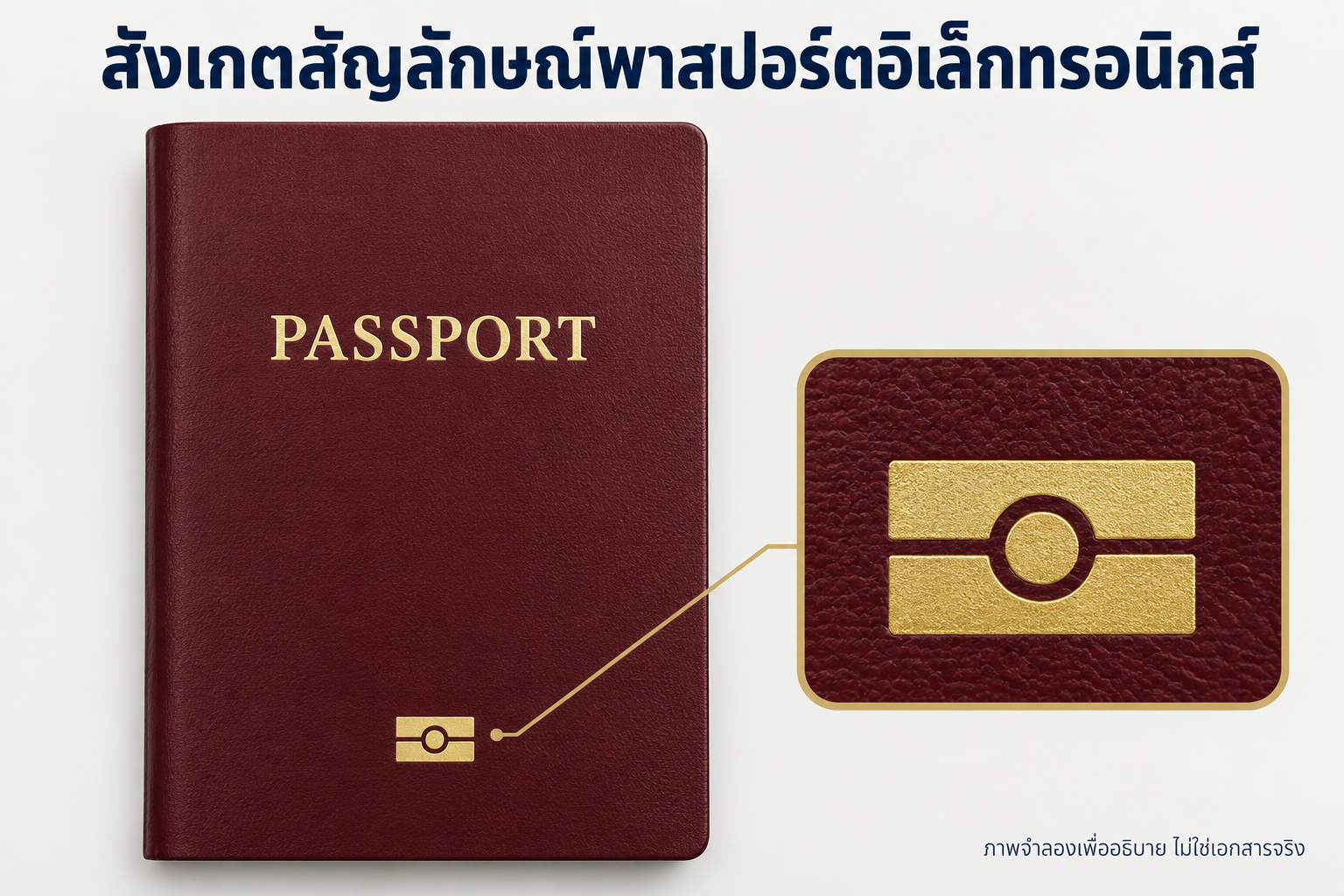 ภาพจำลองพาสปอร์ตและตำแหน่งสัญลักษณ์พาสปอร์ตอิเล็กทรอนิกส์