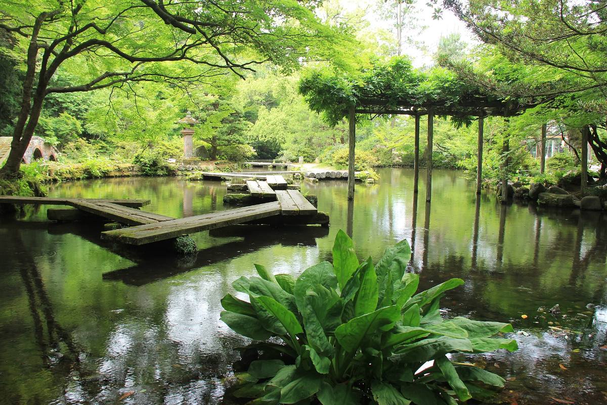 สระน้ำและสะพานหินในสวนชินเอ็น