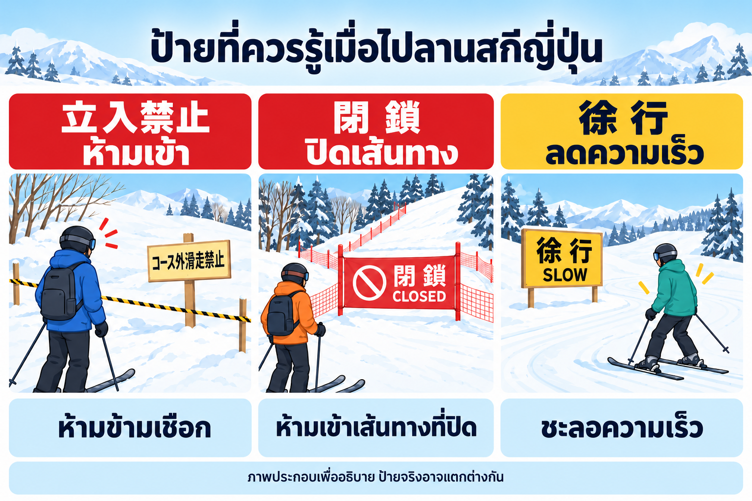ป้ายภาษาญี่ปุ่นที่ควรรู้: 立入禁止 ห้ามเข้า, 閉鎖 ปิดเส้นทาง, 徐行 ลดความเร็ว