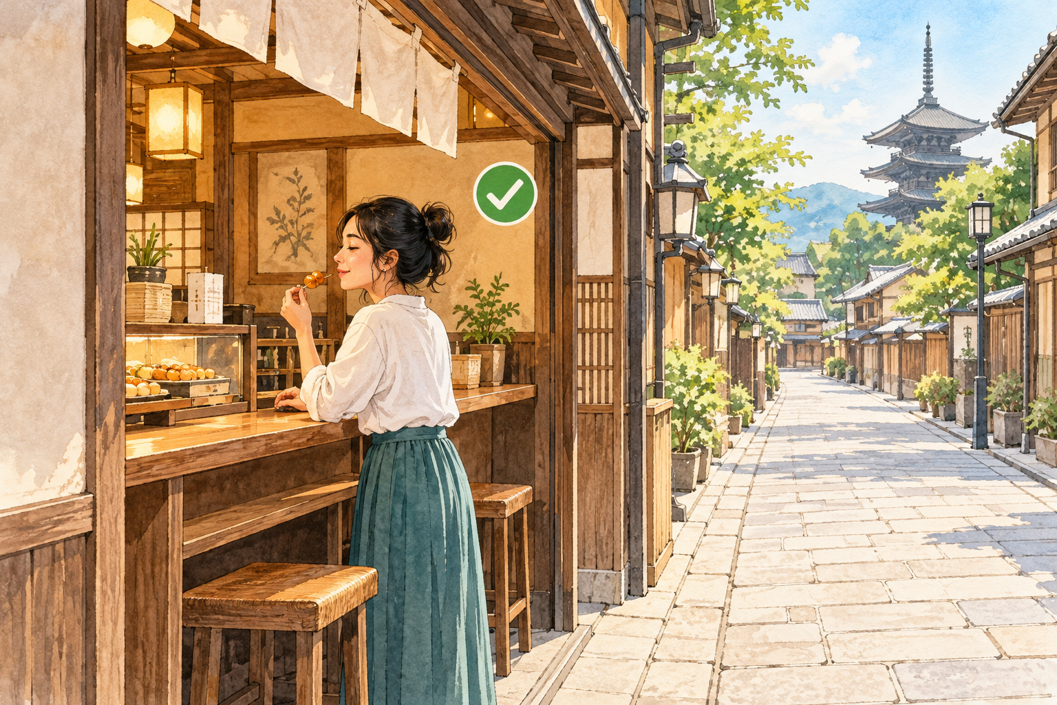 ผู้ซื้อยืนกินขนมในมุมที่ร้านจัดให้ โดยไม่กินระหว่างเดิน