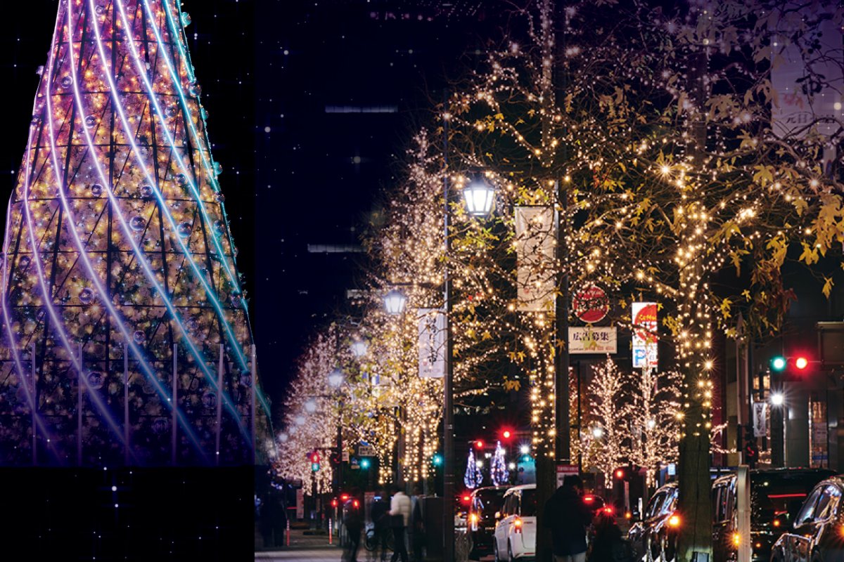 ถนนหน้าสถานีทาคาซากิประดับไฟยามค่ำในฤดูหนาว