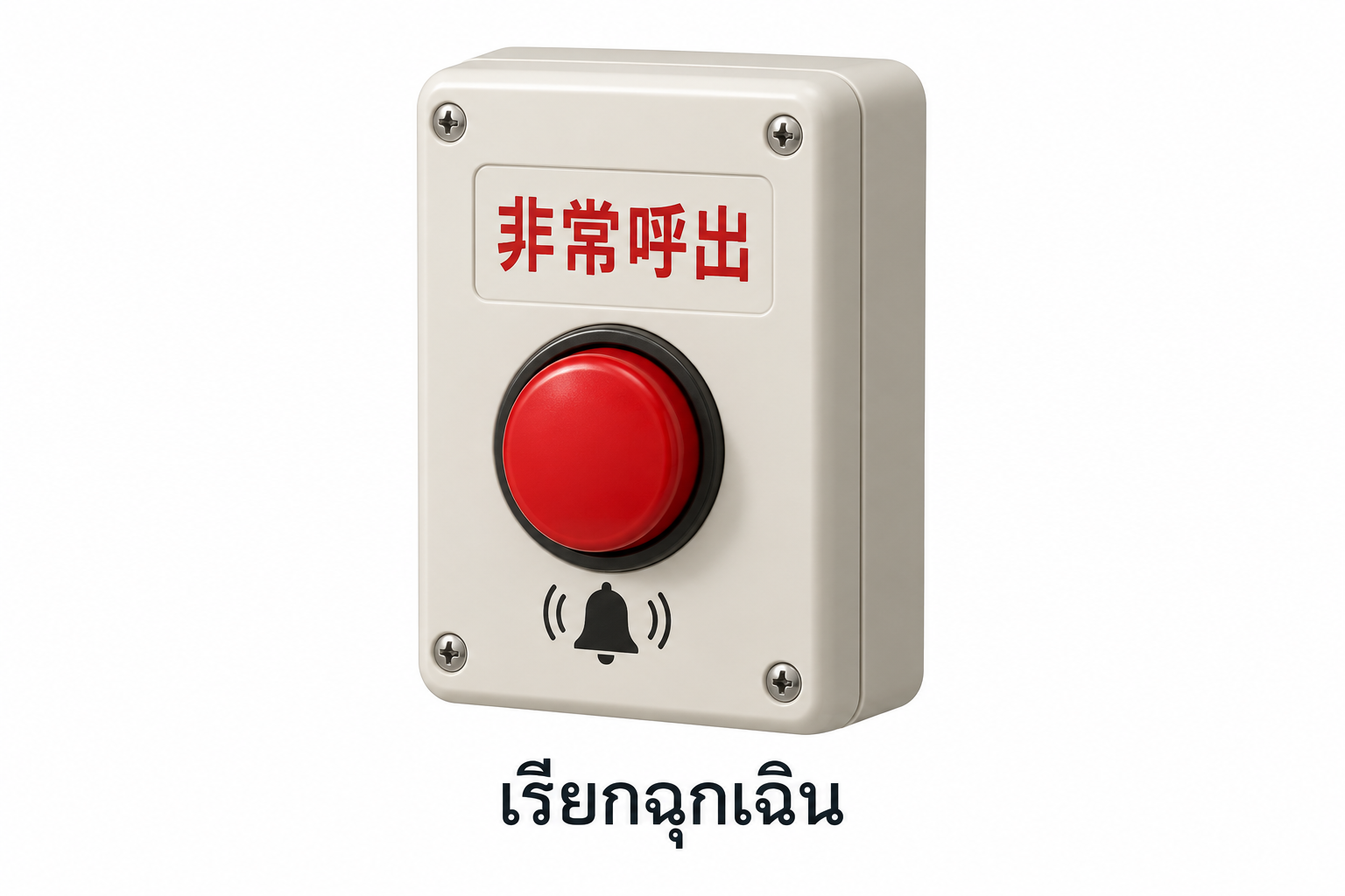 ภาพตัวอย่างปุ่มเรียกฉุกเฉิน พร้อมคำญี่ปุ่น 非常呼出 และคำแปลไทย เรียกฉุกเฉิน