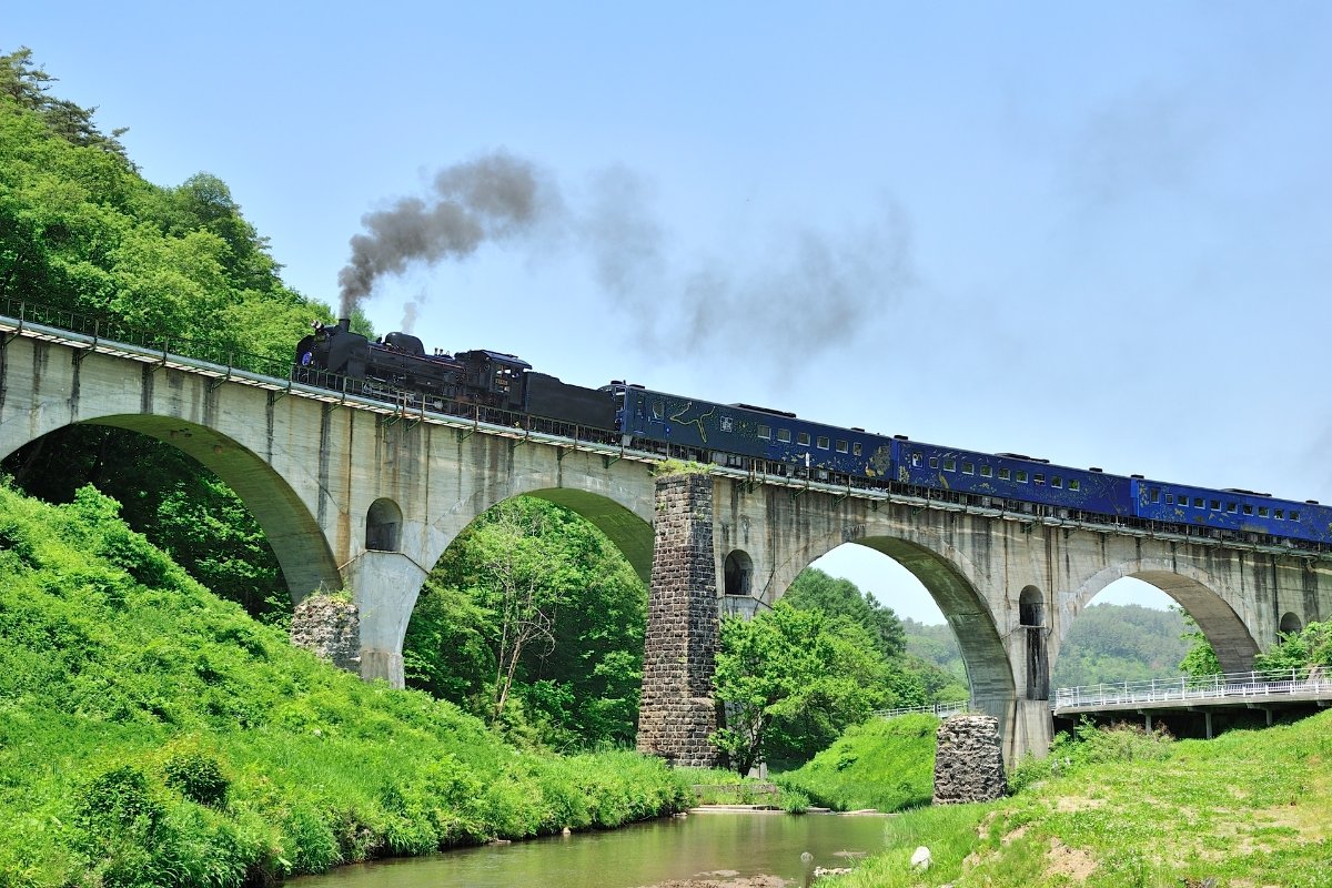 รถไฟไอน้ำแล่นข้ามสะพานเมกาเนะ